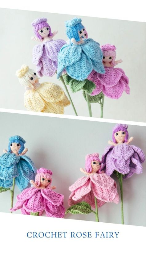 Crochet Rose Fairy - Easy and Cute Free Pattern Flower Doll Crochet, Knitting Gloves Pattern, Crochet Gift Ideas, Crochet Flower Bouquet, Doll Patterns Free, Rose Fairy, Crochet Fairy, Crochet Bouquet, Crochet Dolls Free Patterns