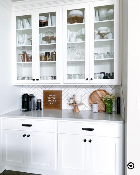 Ikea Cabinets Coffee Bar, Coffee Cabinet With Glass Doors, Coffee Bar With Glass Cabinets, Ikea Hutch Coffee Bar, Coffee Bar Glass Cabinet, Coffee Bar With Cabinets Above, Coffee Bar With Upper Cabinets, Nespresso Frother, Modern Farmhouse Coffee Bar