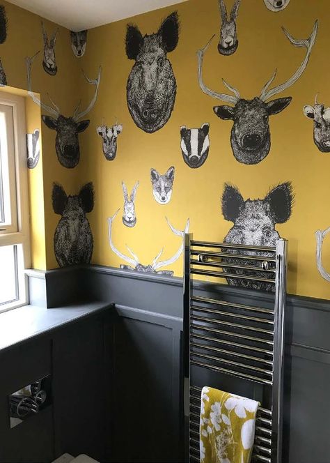 Mustard Bathroom, Small Downstairs Toilet, Graduation Wallpaper, Downstairs Cloakroom, Mustard Wallpaper, Funky Wallpaper, Country Lodge, Small Toilet Room, Downstairs Loo