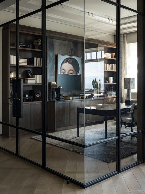 Glass Office Walls Home, Home Office Window Wall, Glass Wall Apartment, Walk Through Office, European Office Interiors, Glass Office In Living Room, Modern Glass Office Design, Black Wall Home Office, Office In Home Ideas