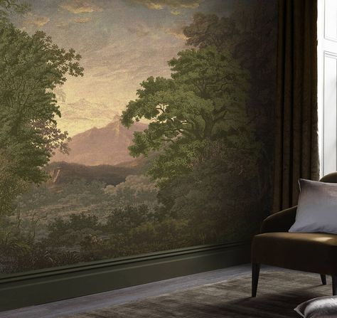 10 of the best scenic wallpapers - The English Home Brown Sketch, Forest Morning, Bathroom Wall Mural, Cotton Painting, Forest Mural, Scenic Wallpaper, Cosy Living, Warm Lighting, Cosy Living Room