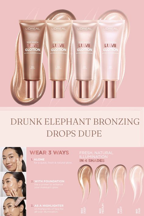 This Loreal Lumi Glowtion works just like the Drunk Elephant Bronzing Drops except Lumi Glowtion is much more affordable! As an Amazon Associate I earn from qualifying purchases. #makeup #dupe #affordable #drunkelephant #bronzingdrop #glowy #summer #ad Loreal Paris Bronzing Drops, Loreal Bronzing Drops, Loreal Glowtion, Bronzy Drops, Drunk Elephant Bronzing Drops, Elephant Bronzing Drops, Loreal Cosmetics, True Match Lumi Glotion, Lumi Glotion