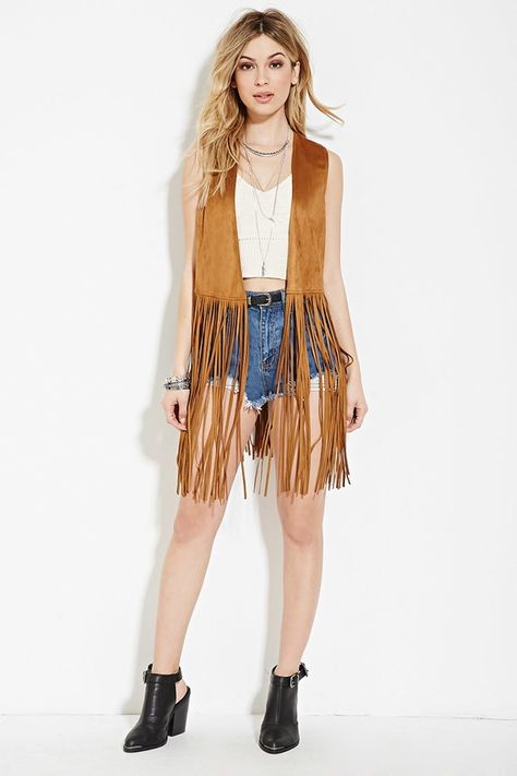 FOREVER 21 fringed faux suede vest Fringed Vest Outfit, Boho Western Outfits, Coachella Fest, Vest Plus Size, Boho Festival Outfit, Suede Fringe Vest, Faux Suede Vest, Look Festival, Vest Outfit