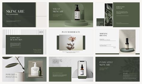 Skin Care Presentation Design, Product Pitch Presentation, Green Skincare Aesthetic, Skincare Presentation, Aesthetic Presentation Template, Ppt Inspiration, Aesthetic Presentation, Cosmetic Branding, Pitch Presentation