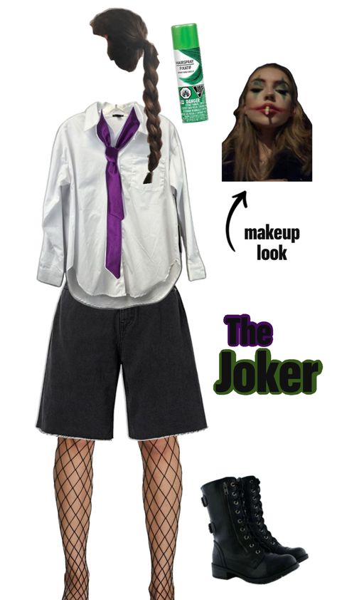 purple tie, green hairspray, white button down shirt, black jorts, black fishnets, joker makeup, black combat boots Joker Costume Girl Outfit, Diy Female Joker Costume, Female Joker Costume Outfits, Joker Costume Girl, Joker Costume Female Outfit, Joker Female, Female Joker Costume, Joker Outfit, Joker Halloween Costume