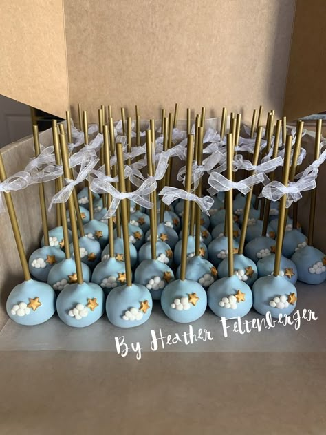 Baby Shower Cake Pops Boy, Baby Shower Cake Pops For Boys, Cloud Cake Pops, Hercules Baby Shower Theme, Cake Pops Baby Shower Boy, Boy Baby Shower Desserts, Over The Moon Baby Shower Ideas Boy, Little Star Baby Shower Ideas, Hercules Party