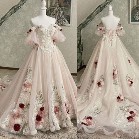 Vintage 3D Florals Wedding Dresses Half Sleeves Light Pink Lace Bridal Gowns | eBay Cute Pink Wedding Dresses, Fantasy Wedding Dress Aesthetic, Light Red Wedding Dress, Pink Champagne Wedding Dress, Eleven Wedding Dress, Strawberry Wedding Dress, Floral Wedding Dress Ballgown, White Wedding Dress With Pink Flowers, Dark Pink Wedding Dress