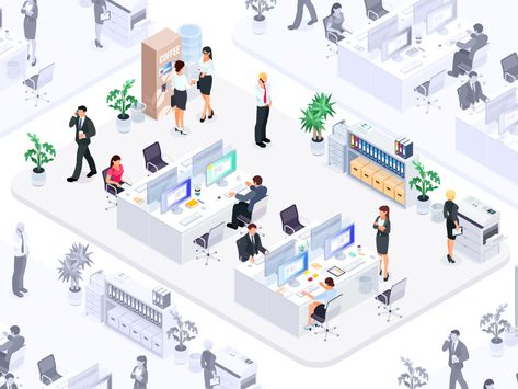 Isometric Office Concept by Natalia Kriukova Isometric Office Illustration, Office Isometric, Office Concept, Isometric Office, Office Illustration, Futuristic Office, Interior Design Portfolio Layout, Office Floor Plan, Building Illustration