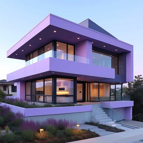 Pink And Purple Home Decor, Purple Modern House, Purple House Interior, Purple House Aesthetic, Purple Lifestyle, Aesthetic House Exterior, Purple Houses, Purple House, Luxury Modern Homes