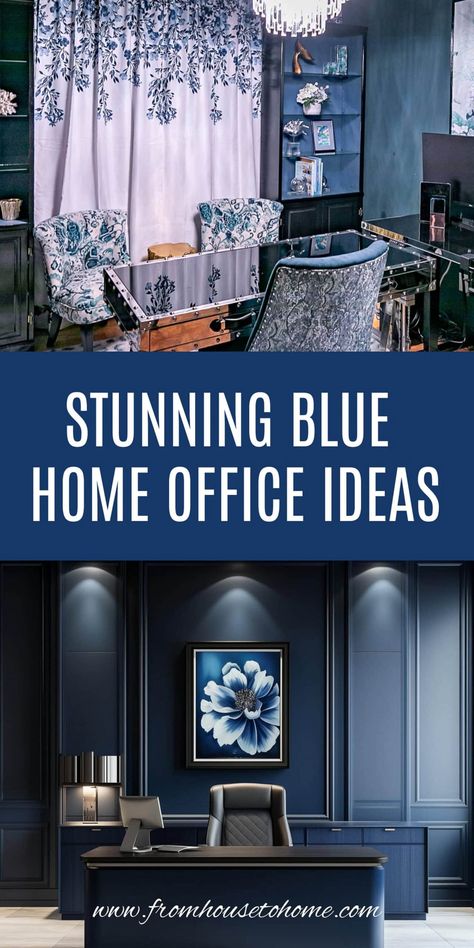 stunning blue home office ideas Blue Office Guest Room, Home Office Ideas Navy Blue, Coastal Blue Home Office, Blue Home Office Ideas, Navy Blue Office Ideas, Blue And White Office, Navy Home Office, Diy Wall Unit, Blue Decor Ideas