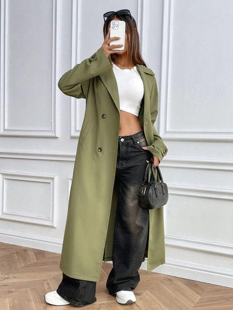 Women's Solid Color Double-Breasted Long Sleeve Loose Casual Trench Coat, Spring & Autumn Army Green Casual  Long Sleeve Woven Fabric Plain Regular Non-Stretch  Women Clothing, size features are:Bust: ,Length: ,Sleeve Length: Shein Trench Coat, Army Green Coat Outfit, Trench Coat Aesthetic, Green Coat Outfit, Open Trench Coat, Trench Coat Spring, Army Green Coat, Casual Trench Coat, Womens Black Coat