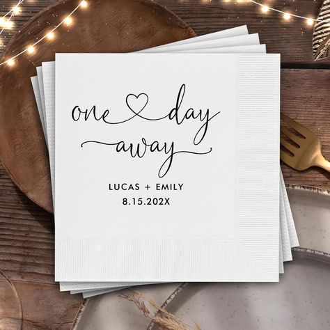 One Day Away Wedding Rehearsal Dinner Napkins Rehearsal Dinner Decorations Table, Green Wedding Napkins, Rehearsal Dinner Napkins, Rehearsal Dinner Themes, Calligraphy Simple, Wedding Rehearsal Dinner Decorations, Rehearsal Dinner Planning, Emerald Green Wedding, Rehearsal Dinner Decorations