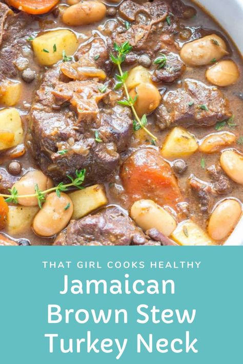 If you love Jamaican oxtail then you will definitely enjoy this recipe. I'm talking pieces of turkey neck that are generously seasoned, seared to lock in that flavour then cooked in the slow cooker for several hours until a rich gravy is formed. #jamaicanfood #caribbeanfood #comfortfood #slowcooker #crockpot Carribean Crockpot Recipes, Turkey Neck Stew Recipe, Turkey Neck Crockpot Recipes, Stewed Turkey Necks, Smoked Turkey Necks Recipes Slow Cooker, Slow Cooker Turkey Necks, Turkey Neck Recipe Crockpot, Turkey Neck Oxtail, Turkey Necks Crockpot Slow Cooker