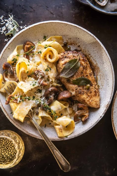 Browned Sage Butter Chicken Piccata with Mushroom Pasta...delicious, warming flavors over creamy pasta. The perfect dish for a fall night! Sage Butter Chicken, Easy Chicken Piccata, Half Baked Harvest Recipes, Poultry Dishes, Sage Butter, Harvest Recipes, Chicken Piccata, Mushroom Pasta, Half Baked