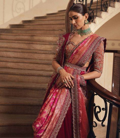 Saree For Reception Brides, Jayanthi Reddy, Reception Saree Look, Reception Saree For Bride, Hot Pink Fabric, Reception Saree, Half Saree Lehenga, Indian Sari Dress, Indian Outfits Lehenga