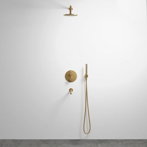 Shower Sets, Stone Basins & Bathroom Suites by Lusso Bathroom Shower Taps, Wet Bathroom, Brushed Gold Bathroom, Spanish Bungalow, Gold Taps, Bath Spout, Gold Shower, Shower Storage, Brass Shower