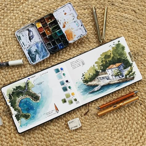 Kunstjournal Inspiration, Travel Journal Scrapbook, Travel Art Journal, Travel Sketchbook, Watercolor Journal, Watercolour Inspiration, Travel Sketches, Sketchbook Art Journal, Watercolor Sketchbook