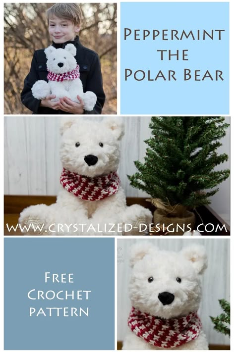 Peppermint the Polar Bear Free Crochet Pattern by Crystalized Designs Crochet Black Bear Pattern, Fuzzy Yarn Crochet Projects Free, Free Crochet Polar Bear Pattern, Polar Bear Crochet Pattern Free, Crochet Polar Bear Pattern Free, Yeti Crochet Pattern Free, Fur Yarn Crochet Patterns, Crochet Bear Pattern Free, Polar Bear Crochet