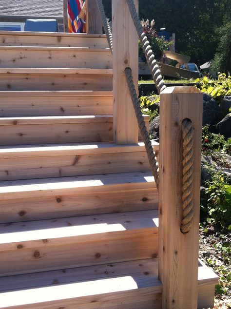 The Refresh Shop- Thunder Beach Deck 3 Handrail Ideas, Reling Design, Deck Stair Railing, Home Stairs, Outdoor Handrail, Outdoor Stair Railing, Landscape Stairs, Deck Railing Design, Lake Dock