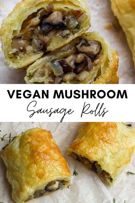 A delicious, veggie alternative to a classic sausage roll packed with mixed mushrooms, caramalised onions and pearl barley. Easily made vegan by subbing in nut milk for the egg wash and by using vegan puff pastry! Puff Pastry Sausage Rolls, Mushroom Sausage, Vegan Diner, Vegan Sausage Rolls, Vegetarian Snack, Chestnut Recipes, Vegetarian Sausages, Veggie Sausage, Vegan Mushroom