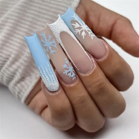 Product Description: Add a touch of frosty elegance to your holiday look with our Sky Blue Snowflake Press-On Nails! These stunning nails feature a soft, icy blue base with intricate snowflake designs, capturing the essence of winter wonderlands. Perfect for the Christmas season, these nails bring both a festive and chic look to your fingertips. The coffin-shaped design adds a trendy and modern flair to your manicure, offering a sleek, elongated appearance. Each set comes with 24 press-on nails, Winter Nails Acrylic, Cute Christmas Nails, Coffin Shape Nails, Snowflake Nails, White Nail Designs, Christmas Nails Acrylic, Long Square Acrylic Nails, Winter Nail Art, White Nail