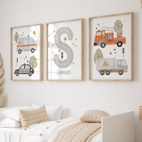 A set of three prints featuring emergency vehicles and an initial & name print. A perfect new baby boy gift, or a great way to add the finishing touches to your own child's transportation or vehicle themed nursery, playroom or bedroom space. Toddler Bedroom Boy Themes, Toddler Boy Bedroom Ideas Themes, Car Toddler Room, Toddler Floor Bed, Toddler Boy Room Decor, Boy Toddler Bedroom, Boys Room Wall Art, Birth Prints, Toddler Room Decor