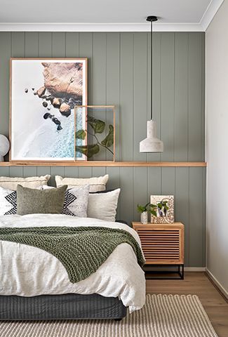 Neutral homes are beautiful, but it can be really effective to use an accent of strong colour throughout the home. This sage green feature wall behind the bed is very striking and really grounds the space. Sage Green Bedroom, Bedroom Renovation, Green Bedroom, Spare Bedroom, Bedroom Green, Primary Bedroom, Master Bed, Master Bedrooms Decor, Remodel Bedroom