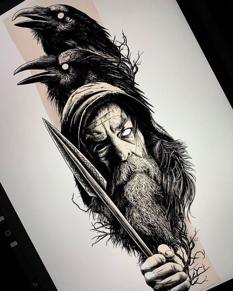 Tattoo Odin, Viking Warrior Tattoos, Norse Mythology Tattoo, Female Warrior Tattoo, Valkyrie Tattoo, Viking Tattoo Sleeve, Poseidon Tattoo, Rune Tattoo, Greek Mythology Tattoos