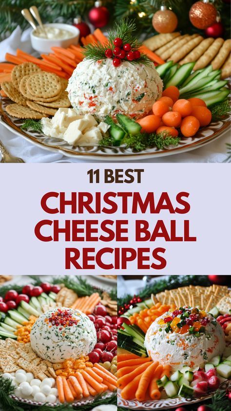 A festive Christmas cheese ball surrounded by assorted holiday appetizers on a decorative platter, featuring dips, crackers, and fresh vegetables perfect for holiday gatherings. Caprese Cheese Ball, Cheeseball Platter Ideas, Cheese Balls For Christmas Holidays, Cheese Log Recipes Holidays, Cheese Ball Presentation, No Nut Cheese Ball Recipes, Garden Vegetable Cheese Ball, Christmas Wreath Cheese Ball, Cheese Ball Tray Ideas