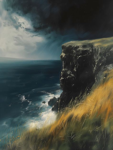 Cliff Painting, Dark Academia Printable, Cliff Art, Yellow Landscape, Decor Dark Academia, Vintage Nautical Decor, Landscape Vintage, Vintage Nautical, Painting Landscape