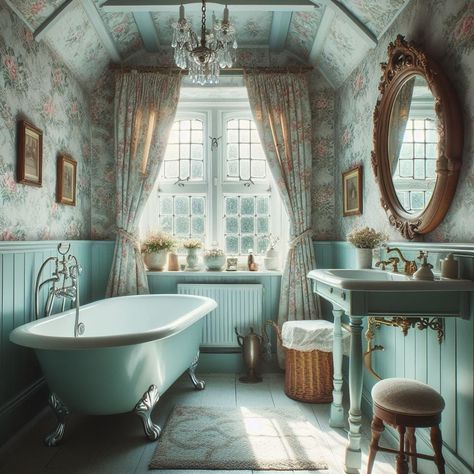 Cottage Bathroom Vintage Mirror Vintage Clawfoot Tub, Cottage Style Bathrooms, Cottage Bathroom Ideas, Girly Bathroom, Folk Victorian, Bathroom Vintage, Cottage Retreat, Bathroom Retreat, Faux Wood Beams