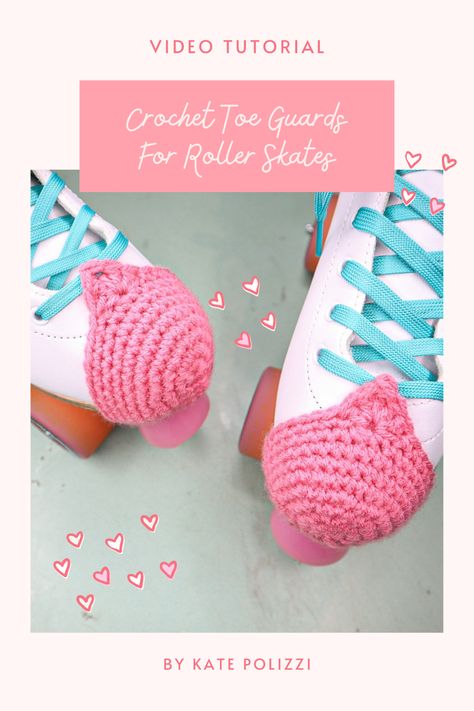 Pink Crochet Toe Guards on white roller skates Crochet Rollerskate Accessories, Crochet Roller Skates, Crochet Roller Skate Accessories, Arm Knitting Blanket Diy, Roller Skates Fashion, Diy Knit Blanket, Quad Roller Skates, Stitch Witchery, Roller Skate Shoes