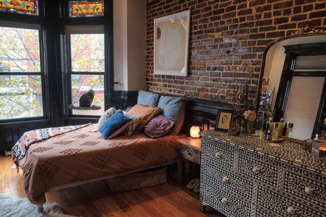 Exposed Brick Apartment, Wood Sliding Doors, Brownstone Apartment, City Apartment Decor, Brick Bedroom, Decorative Fireplace, Parlor Floor, Gorgeous Apartment, Brooklyn Brownstone