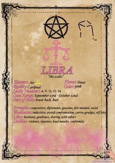 Kartu Tarot, Libra Zodiac Facts, Wiccan Magic, Astrology Libra, Zodiac Book, Grimoire Book, Wiccan Spell Book, Astrology And Horoscopes, Witchcraft Spell Books