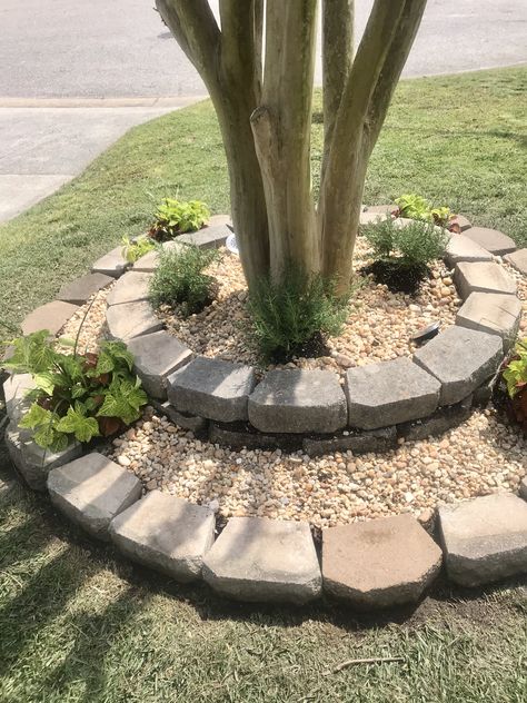 Paver Stone Block Rock Garden Paver Garden Ideas, Rock Landscaping Around Trees, Tree Pavers Ideas, Stone Around Tree, Yard Stone Ideas, Pavers Around Tree, Rocks Around Tree, Rocks Around Trees Base, Mailbox Landscaping Rocks Stacked Stones