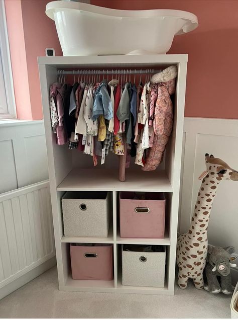 Ikea Kallax Nursery, Ikea Kids Wardrobe, Kallax Kids Room, Kallax Unit, Ikea Wardrobe Hack, Ikea Craft Room, Ikea Crafts, Ikea Nursery, Baby Wardrobe