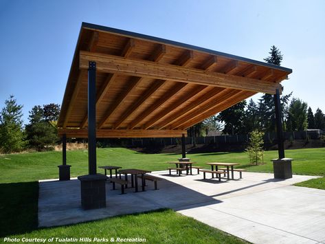 Pavilion with Attractive Glulam Beams and Steel Posts Metal Pavilion Ideas, Glulam Roof, Steel Roof Structure, Shade Structure Design, Steel Pavilion, Pavilion Model, Glulam Beams, Pavilion Ideas, Outdoor Pavillion