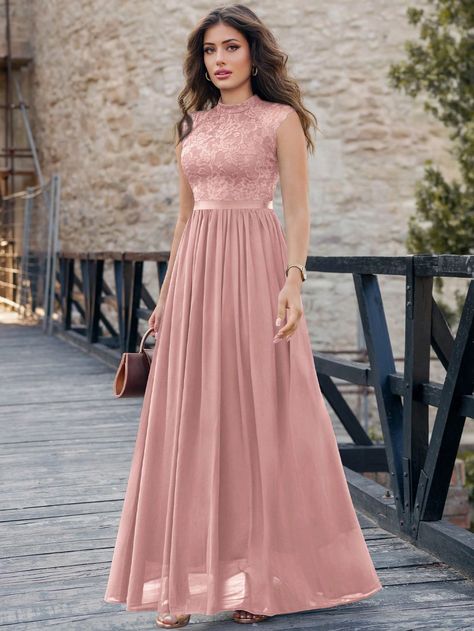 Vestido con cremallera trasera con encaje de cuello alto Rosa Pálido   Manga capa Encaje Color combinado,Liso,Plantas A línea Elástico Ligero Todo Weddings & Events, size features are:Bust: ,Length: ,Sleeve Length: Back Prom Dress, Lace Chiffon Bridesmaid Dress, Vestidos Color Rosa, Maxi Dress Prom, Wedding News, Dresses Xxl, Dress Dusty, Pink Prom Dresses, Women Formals