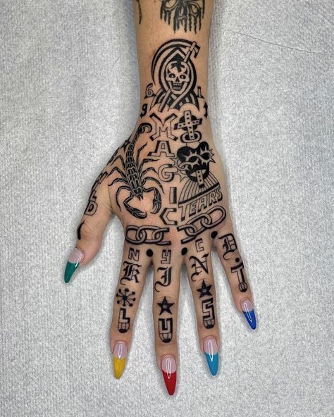 Hand Tattoo Ideas For Men, Unique Hand Tattoos, Traditional Hand Tattoo, Hand Tattoo Ideas, Rib Tattoos For Guys, Mandala Hand Tattoos, Skull Hand Tattoo, Russian Tattoo, Traditional Tattoo Flowers