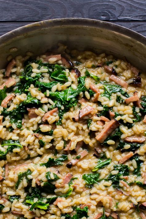 So here we are, five days after Christmas, and you’re probably wondering what to do with the leftover holiday ham in your fridge. After all, there are only so many ham soups you can make befo… Ham Soups, Ham Risotto, Kale Risotto, Paleo Pork Recipes, Winter Dinners, Holiday Ham, Christmas Ham, Ham Soup, Kale Recipes