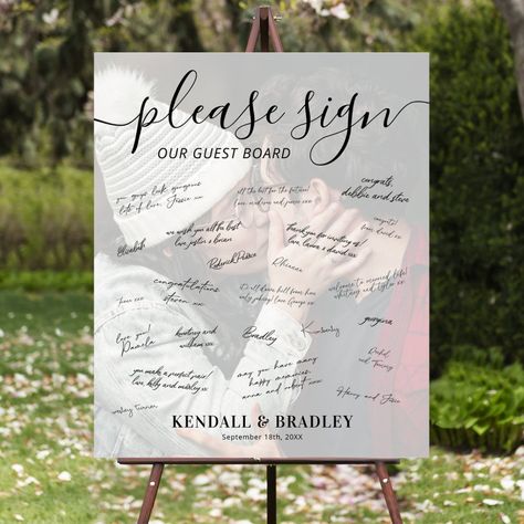 Elegant wedding guest signing foam board sign featuring a photo of the bride & groom, the title "please sign our guest board", your names, and the wedding date. Book Script, Foam Board Sign, Wedding Guest Signing, Sign Board Design, Guest Signing, Wedding Posters, The Wedding Date, Guest Book Sign, Guest Book Alternatives