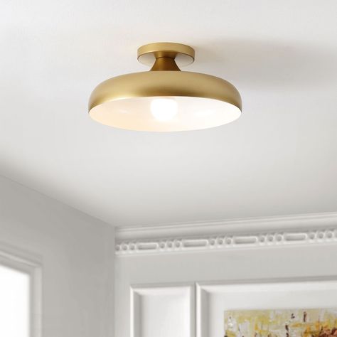 Alessia Gold And White Metal Semi Flush Mount Ceiling Light - World Market Antique Brass Semi Flush Mount Light, Small Ceiling Light Fixtures, Flush Bathroom Ceiling Light, Flushed Light Fixtures, Farmhouse Office Light Fixture, Office Light Fixture Ceiling, Small Kitchen Ceiling Lights, Overhead Bedroom Lighting, Office Overhead Lighting