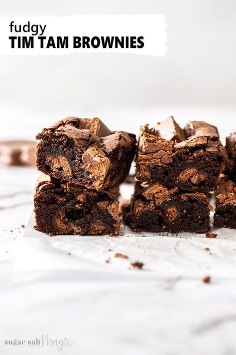 Irresistibly fudgy with and loaded with Tim Tams throughout and on top, these Tim Tam brownies are an absolute crowd pleaser. What’s more, they’re easy to make all in one bowl. Can’t get Tim Tams? You can use and filled cookie. #sugarsaltmagic #brownies #brownierecipe #cookiebrownies #timtambrownies Cake Recipes Eggless, Eggless Cake Recipes, Tim Tams, Cake Marble, Cookies Eggless, Cake Sponge, Fudge Chocolate, Brownie Bars, Best Brownie Recipe