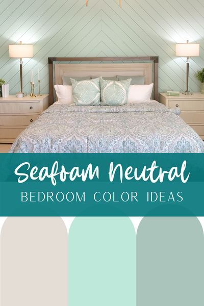 Neutral bedroom design with a pop of seafoam green. Dreamy color scheme with natural elements. #colorscheme #beachbedroomcolors #coastalcolors #coastalcolorscheme #seafoamcolorscheme #neutralcolors #bedroomcolorscheme #beachhomecolors Bedroom Color Pallets, Sea Green Bedrooms, Beach Bedroom Colors, Seafoam Green Bedroom, Green Bedroom Colors, Mint Green Bedroom, Neutral Bedroom Design, Green Bedroom Walls, Green Bedroom Design