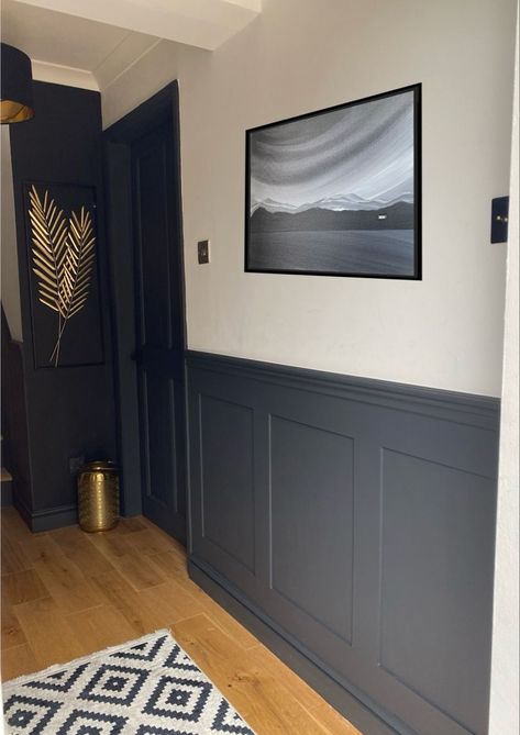 THE 15 BEST Wall Panels for 2023 - Home Decor Coloured Panelled Walls, Panelling Modern House, Panelling Under Dado Rail, Painted Wainscoting Hallway, Room With Dado Rail, Wall Panelling Ideas Hallway, Paneling Walls With Windows, Black Panelled Hallway, Black And White Hallway Panelling