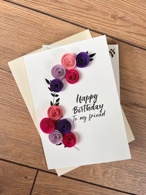 8 March Card Ideas Diy, Diy Birthday Greeting Cards, Birthday Card Quilling, Diy Cards Handmade Happy Birthday, Birthday Card Simple Handmade, Aesthetic Handmade Birthday Cards, Simple Quilling Cards, Simple Card Design Handmade, Happy Birthday Cards Handmade Paper Crafts