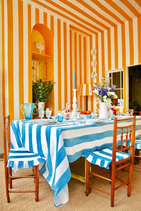 Essentials Clothes, Current Design Trends, Yellow Sky, Striped Wallpaper, Table Cloths, Striped Rug, Home Trends, Lemon Yellow, Linen Tablecloth