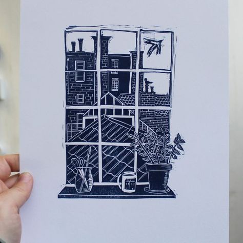 Victoria Willmott on Instagram: "ON SALE - Artist Proof of my Open View Lino Print! This was printed as a test before I made my edition with black ink, so there are just a handful printed in prussian blue ink! As these are proofs they vary slightly with the pressure but are too lovely to stay in my drawers, please put on your walls! They are also a bargain price of £9! Under a tenner! Can you even believe? Shop on Etsy - Link in bio #linoprint #linoprinting #linoprintmaking #linoprint #l Blue Lino Print, Lino Print Making, Relief Printing Ideas, Lino Printing Ideas, Easy Lino Print Ideas, Lino Cut Ideas, Linoprint Ideas, Lino Print Ideas, Lino Print Pattern