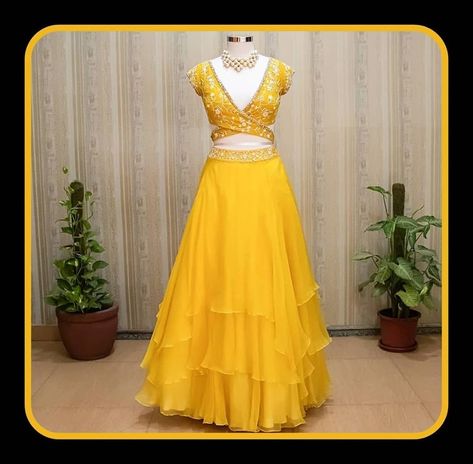 Shipping Worldwide. Fabric - Raw Silk and Organza. Work - Resham, Zari and Embellishments. *Custom made outfit, can be made in any color of your choice. For price, orders & other information What's App on +91 9930089059 Happy Shopping☺️. Yellow Dress For Haldi Function, Bridal Lehenga Ideas, Dress For Haldi Function, Haldi Function Dress, Yellow Skirt Outfits, Design Lehenga, Lehenga Ideas, Lehenga For Wedding, Lehenga For Girls