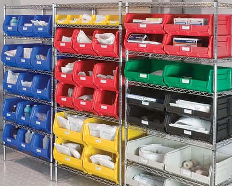 Use AkroBins along with Wire Shelving from Akro-Mils to organize your medical supplies! #medical #5S Lean #hospital Medical Office Organization, Dental Supply Organization, Office Supplies Logo, Medical Supply Storage, Medical Supply Organization, Medical Equipment Storage, Printer Storage, Locker Organization, Supply Room